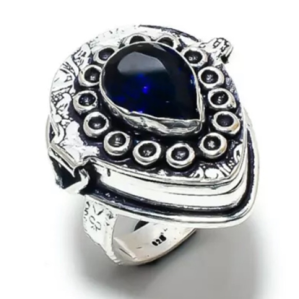 Midnight Blue Sapphire 925 Sterling Silver Handmade Hidden Storage Ring Size 8.5